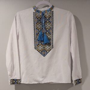 Embroidered White Long Sleeve Shirt with Blue Accents